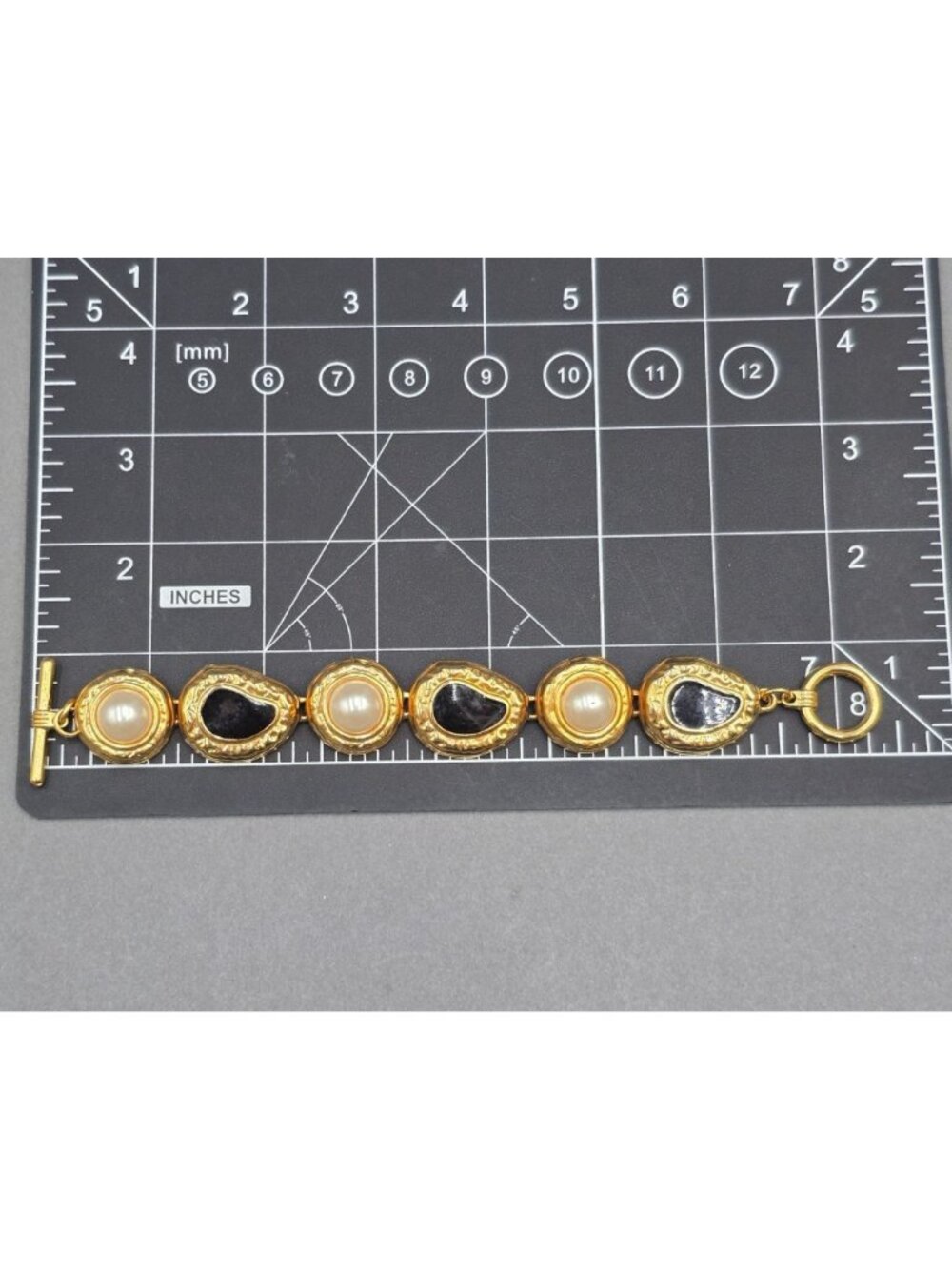 Vintage Gold Tone Black Enamel Faux Pearl Bracelet 7" Panel Link Statement - Picture 7 of 10